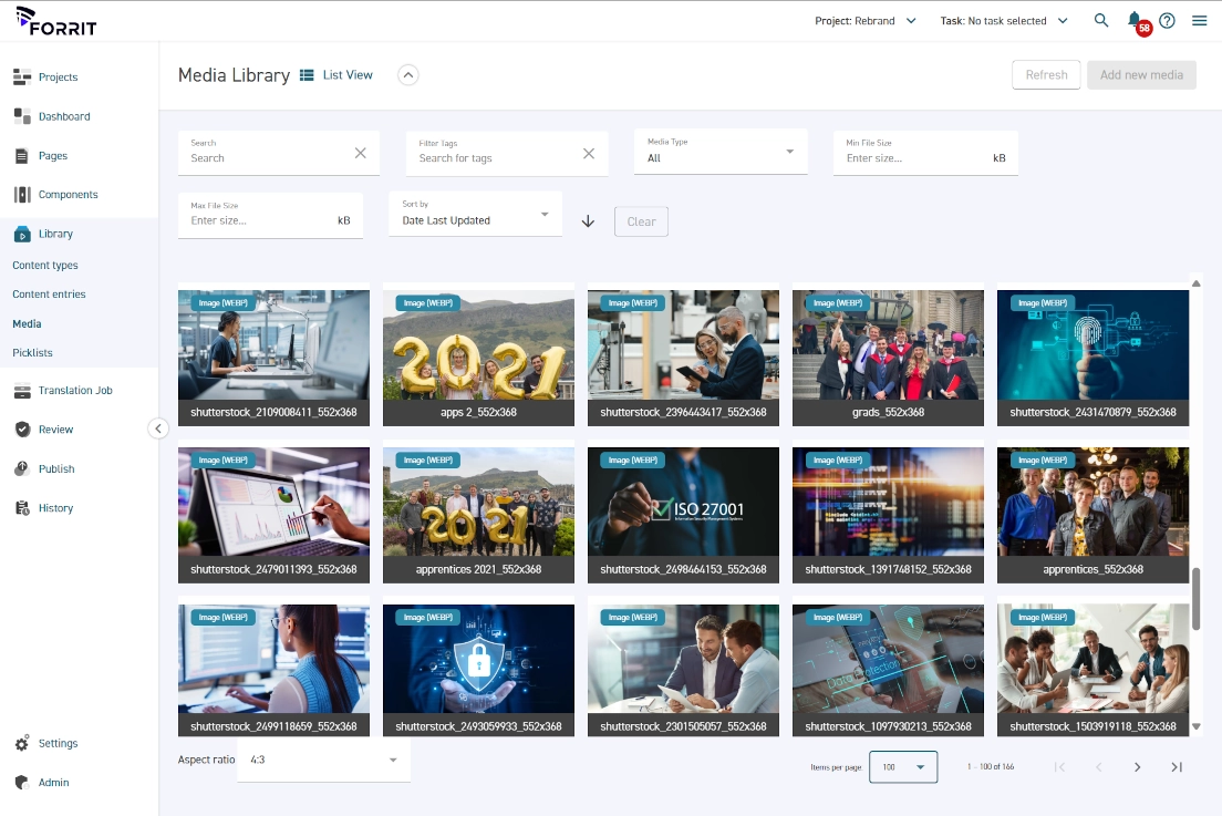 Une image de l’interface utilisateur de la médiathèque Forrit montrant plusieurs images utilisées sur ce site Web