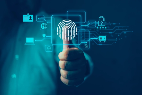 An image of a mans hand, thumb upwards and overlaid on top are graphics showing a fingerprint