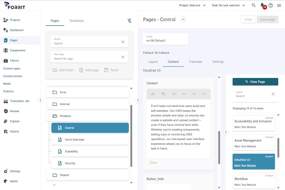Une image de l’interface utilisateur de Forrit montrant la page d’entrée de contenu pour cette section du site Forrit.com.