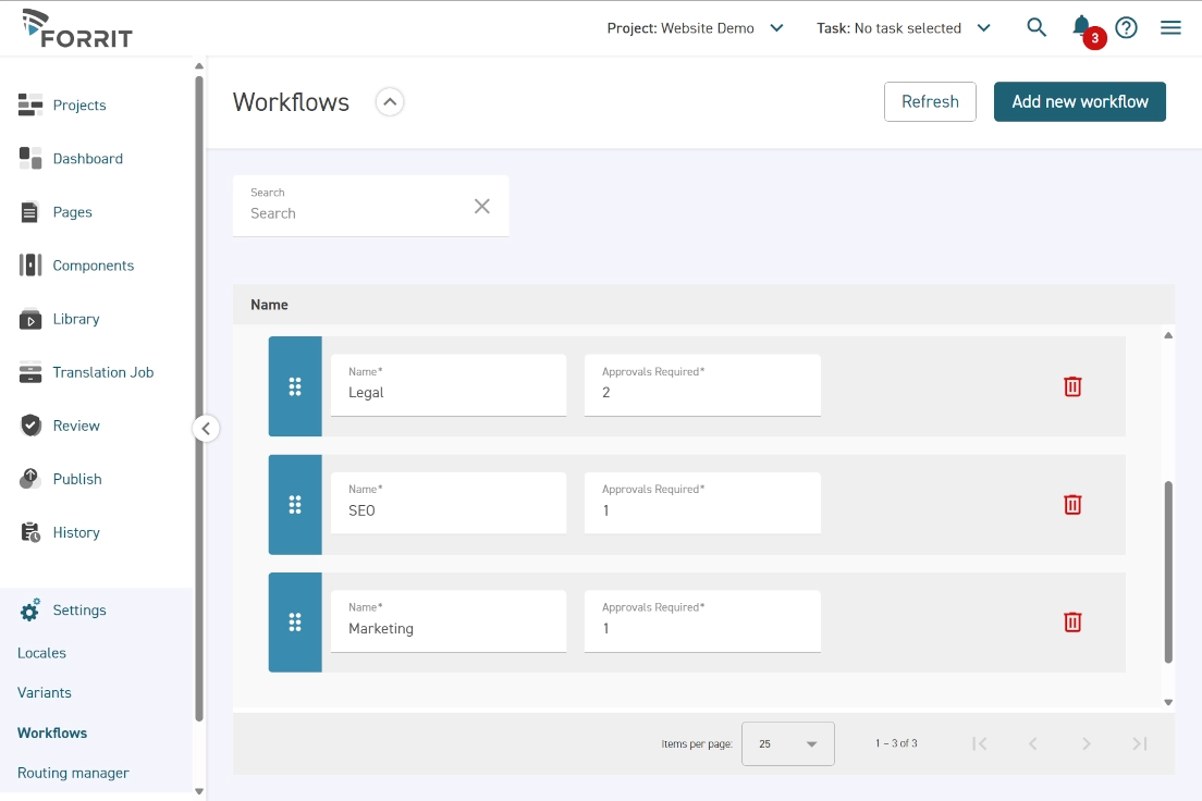 Une image de l’interface utilisateur de Forrit CMS montrant un exemple d’entrées de flux de travail.