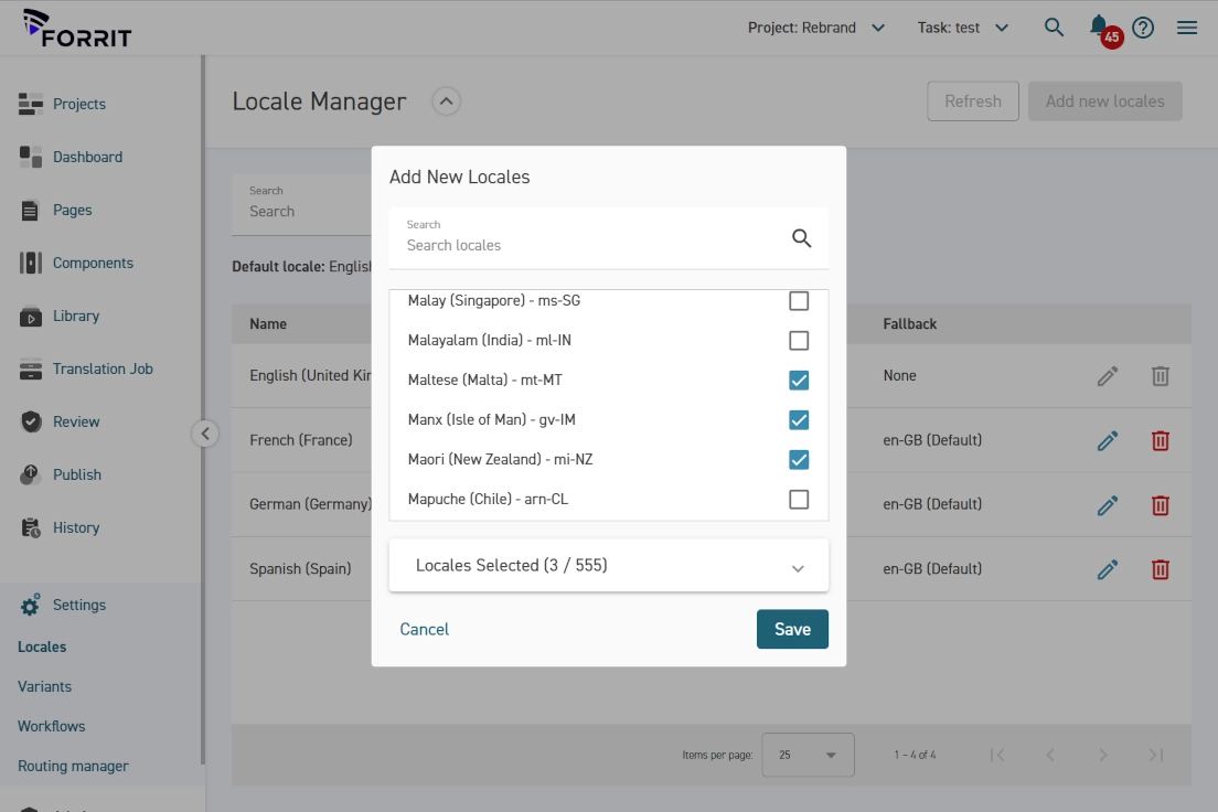Une capture d’écran montrant comment il est possible de choisir jusqu’à 555 paramètres régionaux pour la traduction